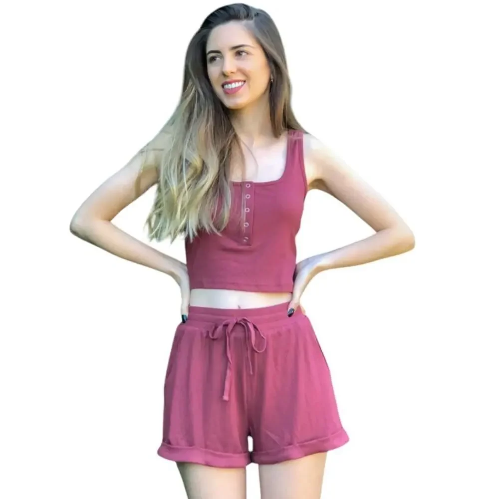 MEROKEETY Ribbed Tank Top and Shorts Maroon Lounge Set Size Large NWT